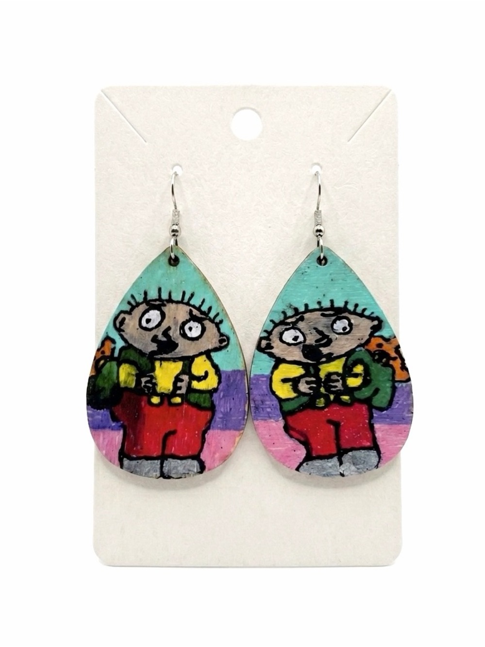 New Woman’s Artisan Hand Painted Stewie & Rupert Sterling Silver Wooden Earrings